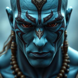A formidable figure with light blue skin adorned with intricate markings that signify his honor and status