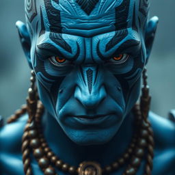 A formidable figure with light blue skin adorned with intricate markings that signify his honor and status