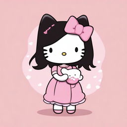 A delightful, top-quality digital art image featuring Hello Kitty, now adorned with long, straight black hair