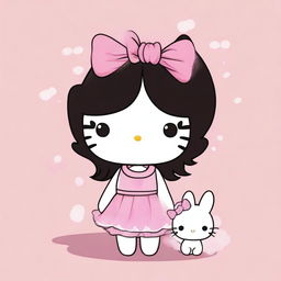 A delightful, top-quality digital art image featuring Hello Kitty, now adorned with long, straight black hair