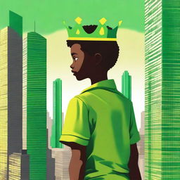 A striking digital art image showcasing a boy dressed in a green shirt, his back to the viewer, facing a skyline of skyscrapers