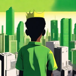 A striking digital art image showcasing a boy dressed in a green shirt, his back to the viewer, facing a skyline of skyscrapers