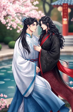 An elegant scene featuring two handsome men in traditional Chinese attire, exuding a romantic atmosphere