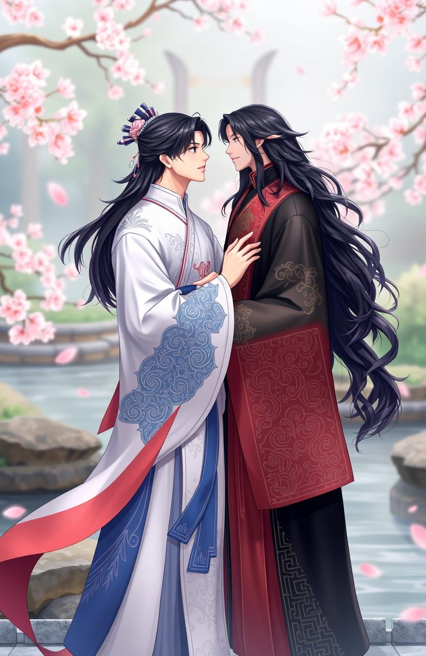 An elegant scene featuring two handsome men in traditional Chinese attire, exuding a romantic atmosphere