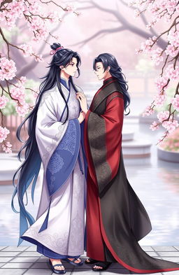 An elegant scene featuring two handsome men in traditional Chinese attire, exuding a romantic atmosphere