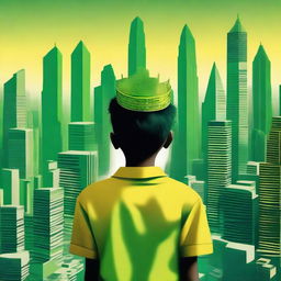 A striking digital art image showcasing a boy dressed in a green shirt, his back to the viewer, facing a skyline of skyscrapers