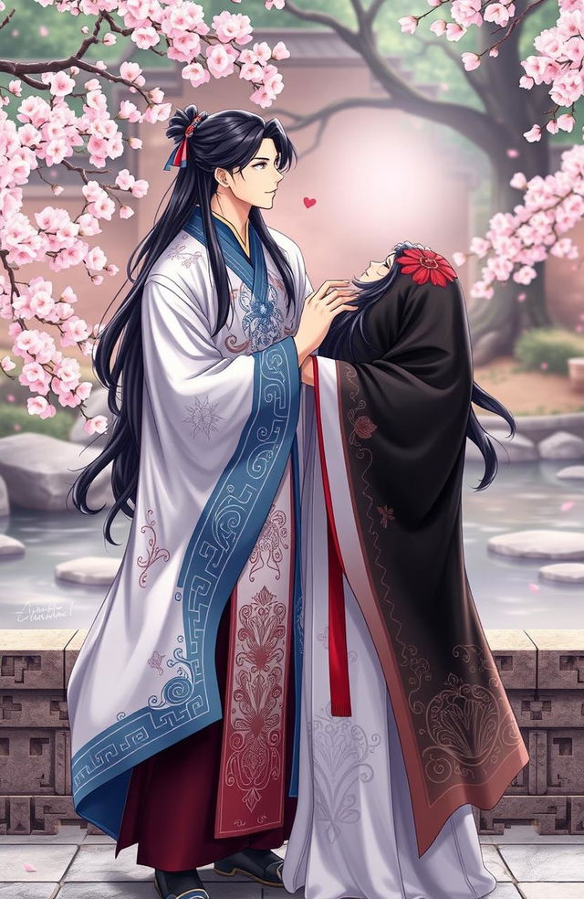 An elegant scene featuring two handsome men in traditional Chinese attire, exuding a romantic atmosphere