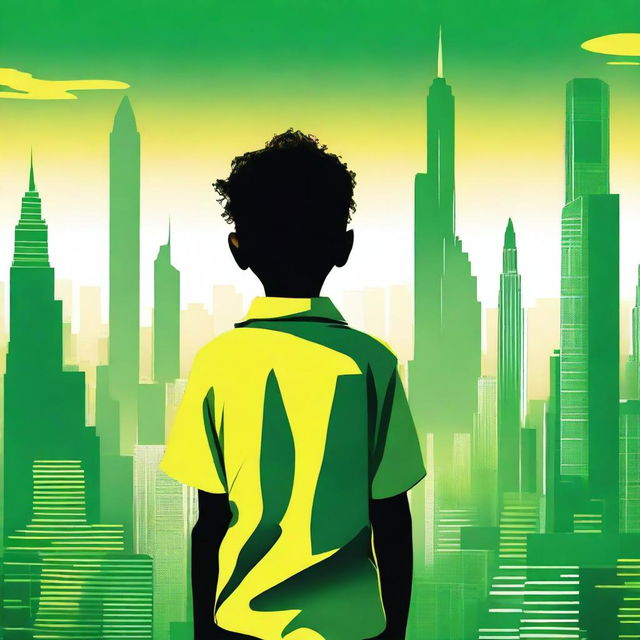 A striking digital art image showcasing a boy dressed in a green shirt, his back to the viewer, facing a skyline of skyscrapers