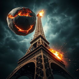 A massive asteroid, glowing with fiery cracks and molten veins, rapidly descends toward the Eiffel Tower at a dramatic angle
