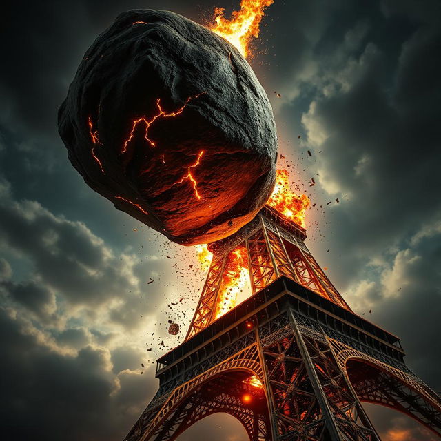 A massive asteroid, glowing with fiery cracks and molten veins, rapidly descends toward the Eiffel Tower at a dramatic angle