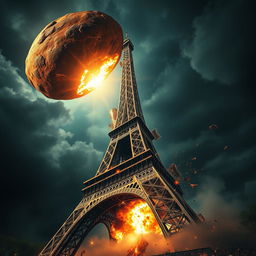 A massive asteroid, glowing with fiery cracks and molten veins, rapidly descends toward the Eiffel Tower at a dramatic angle