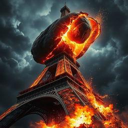 A massive asteroid, glowing with fiery cracks and molten veins, rapidly descends toward the Eiffel Tower at a dramatic angle