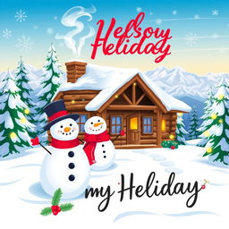 A vibrant and colorful seasonal holiday design showcasing a winter wonderland theme, featuring a cozy log cabin with smoke coming out of the chimney surrounded by snow-covered pine trees