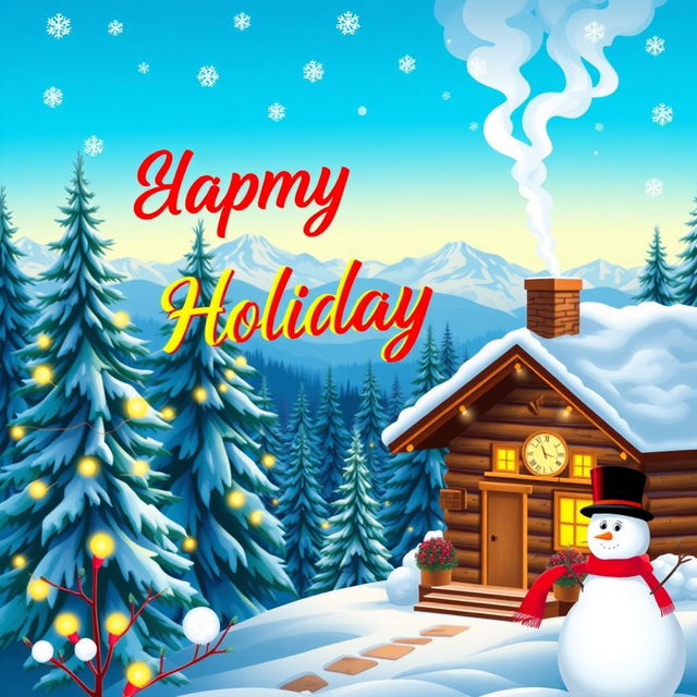 A vibrant and colorful seasonal holiday design showcasing a winter wonderland theme, featuring a cozy log cabin with smoke coming out of the chimney surrounded by snow-covered pine trees