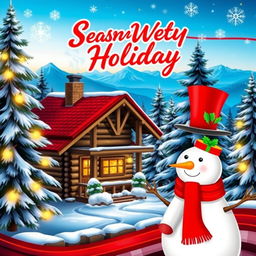 A vibrant and colorful seasonal holiday design showcasing a winter wonderland theme, featuring a cozy log cabin with smoke coming out of the chimney surrounded by snow-covered pine trees