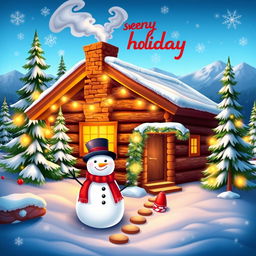 A vibrant and colorful seasonal holiday design showcasing a winter wonderland theme, featuring a cozy log cabin with smoke coming out of the chimney surrounded by snow-covered pine trees