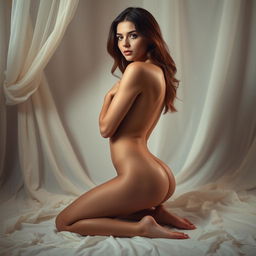A beautiful and elegant portrait of a nude woman, positioned artfully against a soft, serene backdrop