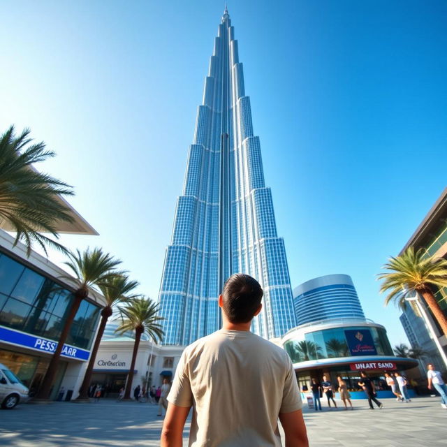 A man standing in front of the Burj Khalifa in Dubai, showcasing the magnificent skyscraper's towering structure and the vibrant atmosphere of the city