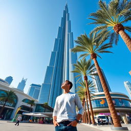 A man standing in front of the Burj Khalifa in Dubai, showcasing the magnificent skyscraper's towering structure and the vibrant atmosphere of the city