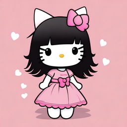 An endearing digital art image of Hello Kitty, reimagined with long, straight black hair