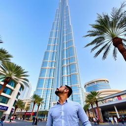 A man standing in front of the Burj Khalifa in Dubai, showcasing the magnificent skyscraper's towering structure and the vibrant atmosphere of the city