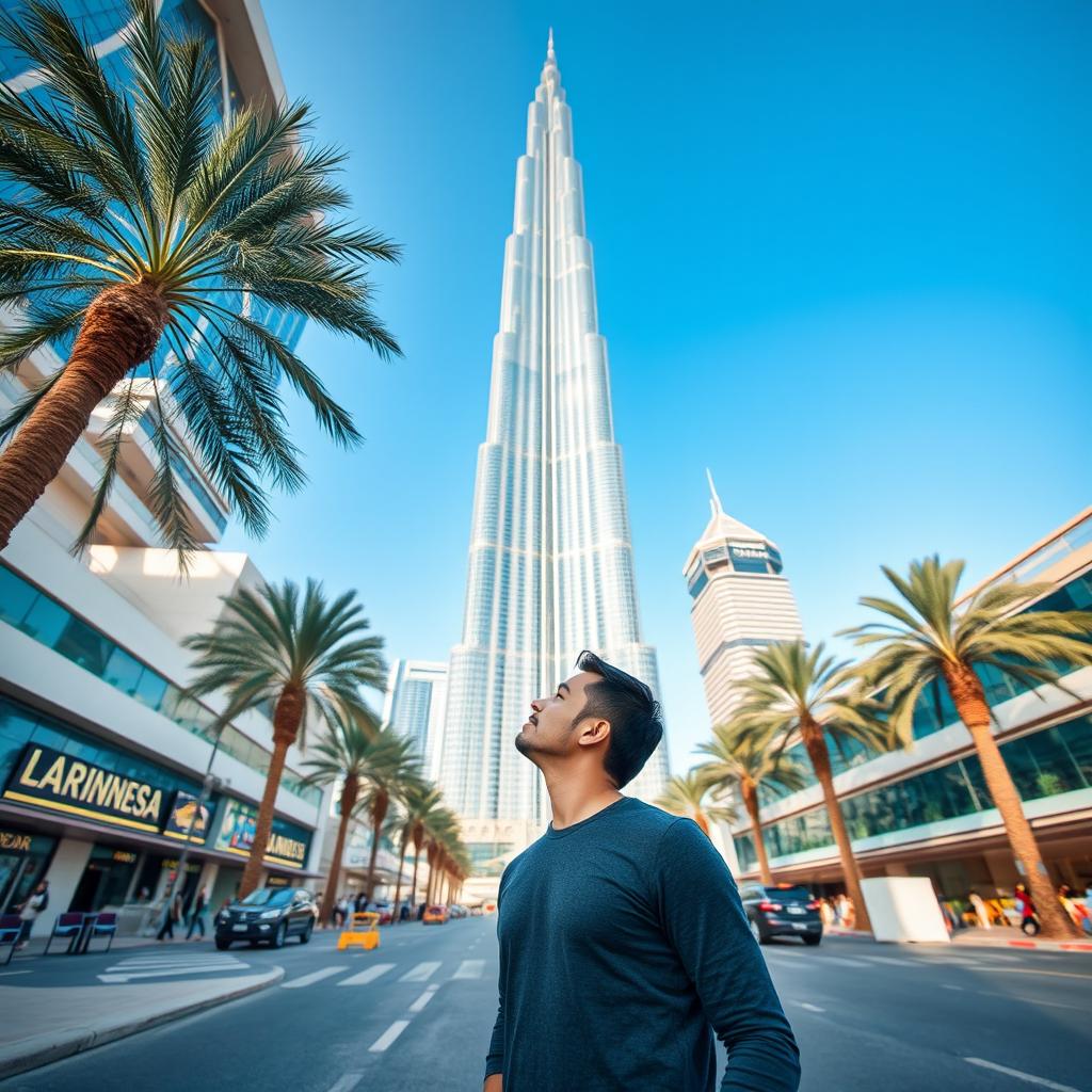 A man standing in front of the Burj Khalifa in Dubai, showcasing the magnificent skyscraper's towering structure and the vibrant atmosphere of the city