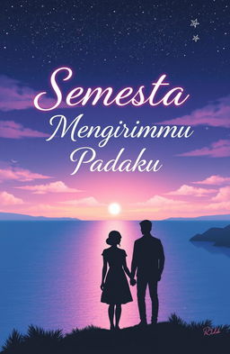 An evocative and romantic novel cover for 'Semesta Yang Mengirimmu Padaku', depicting a dreamy landscape at twilight