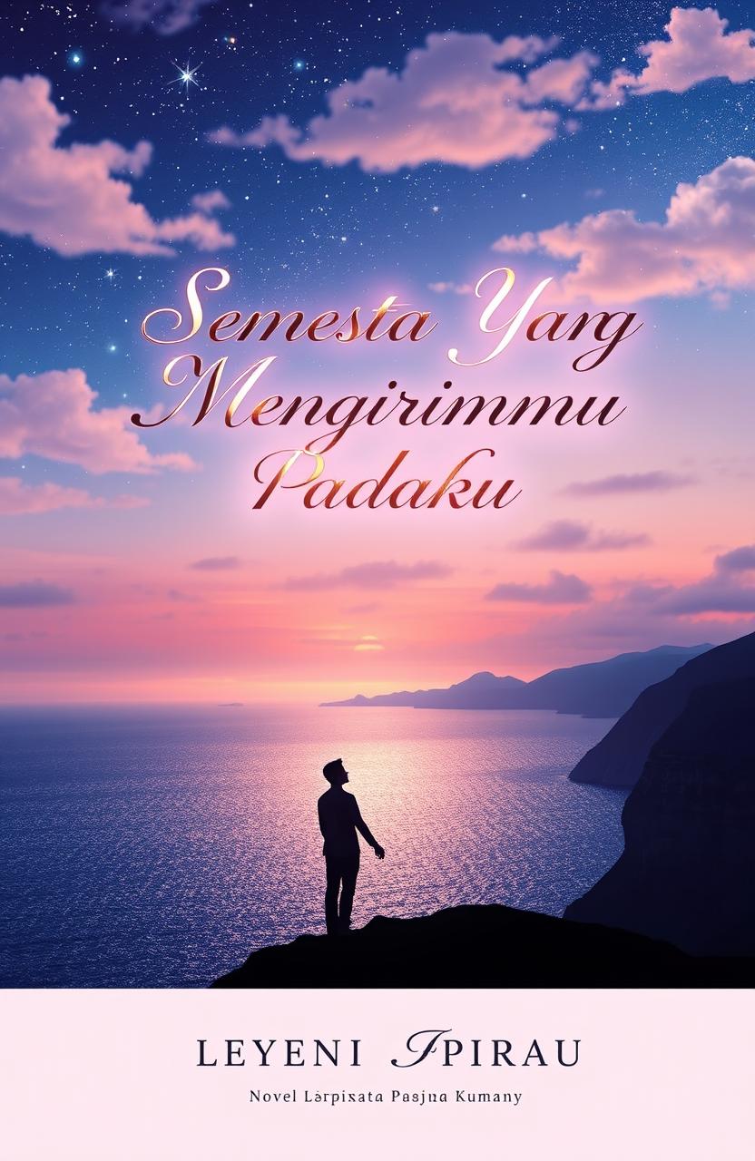 An evocative and romantic novel cover for 'Semesta Yang Mengirimmu Padaku', depicting a dreamy landscape at twilight