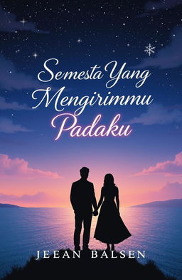 An evocative and romantic novel cover for 'Semesta Yang Mengirimmu Padaku', depicting a dreamy landscape at twilight