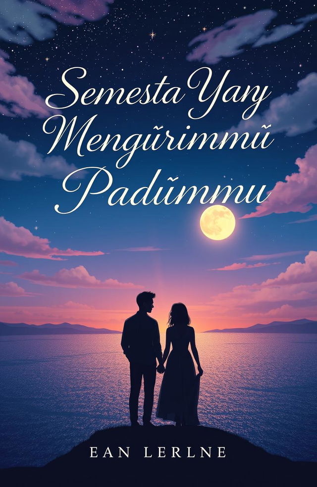 An evocative and romantic novel cover for 'Semesta Yang Mengirimmu Padaku', depicting a dreamy landscape at twilight