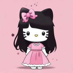 An endearing digital art image of Hello Kitty, reimagined with long, straight black hair