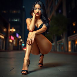 A sexy Asian woman with elegant features, wearing stylish high heels that accentuate her beautiful feet