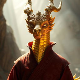 A Golden Dragonborn Sorcerer standing majestically, showcasing shimmering gold scales that glimmer in the light