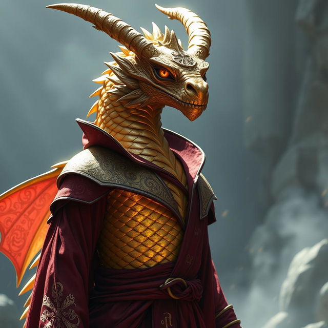 A Golden Dragonborn Sorcerer standing majestically, showcasing shimmering gold scales that glimmer in the light