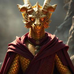 A Golden Dragonborn Sorcerer standing majestically, showcasing shimmering gold scales that glimmer in the light