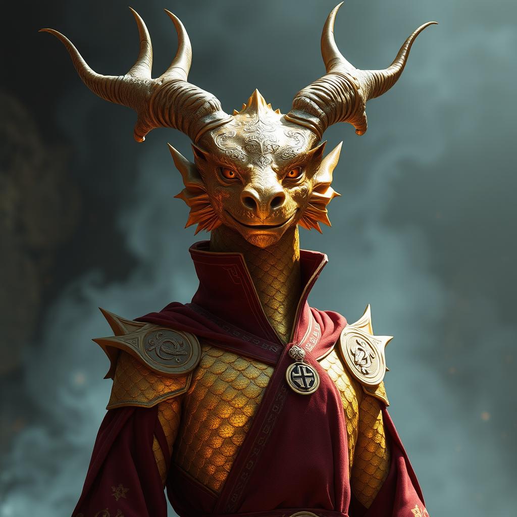 A Golden Dragonborn Sorcerer standing majestically, showcasing shimmering gold scales that glimmer in the light