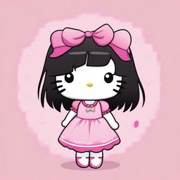 An endearing digital art image of Hello Kitty, reimagined with long, straight black hair