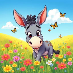 A colorful and vibrant illustration of a cartoonish donkey, playfully grazing in a sunny meadow filled with wildflowers