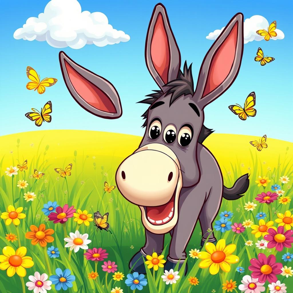 A colorful and vibrant illustration of a cartoonish donkey, playfully grazing in a sunny meadow filled with wildflowers