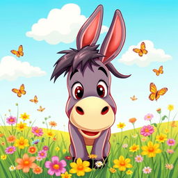 A colorful and vibrant illustration of a cartoonish donkey, playfully grazing in a sunny meadow filled with wildflowers