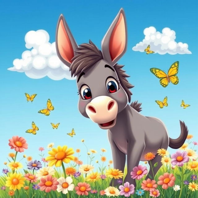 A colorful and vibrant illustration of a cartoonish donkey, playfully grazing in a sunny meadow filled with wildflowers