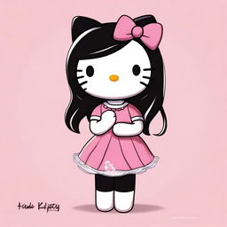 An endearing digital art image of Hello Kitty, reimagined with long, straight black hair