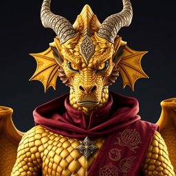 A full-body image of a Golden Dragonborn Sorcerer, showcasing shimmering gold scales that reflect light beautifully