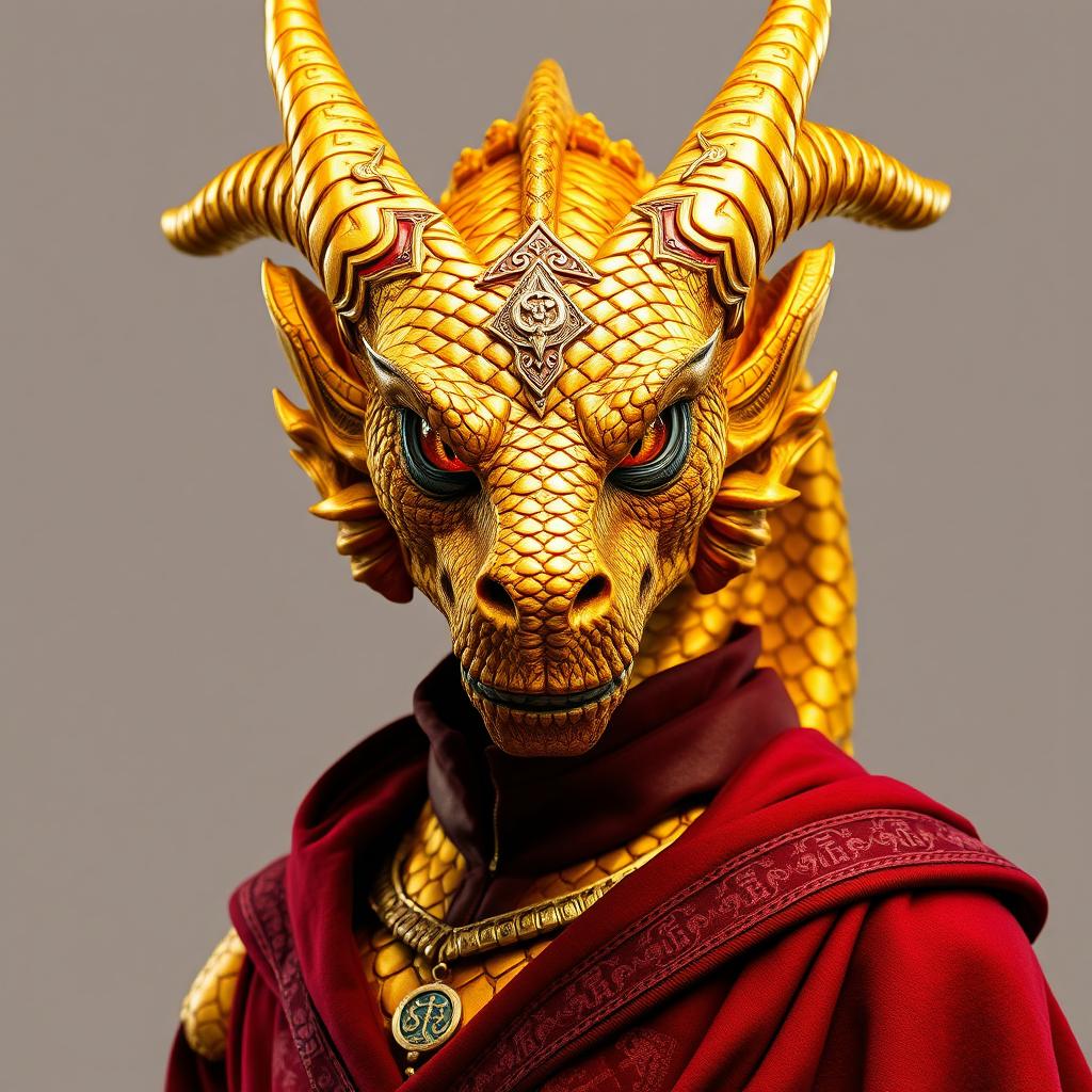 A full-body image of a Golden Dragonborn Sorcerer, showcasing shimmering gold scales that reflect light beautifully