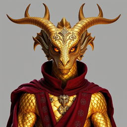 A full-body image of a Golden Dragonborn Sorcerer, showcasing shimmering gold scales that reflect light beautifully