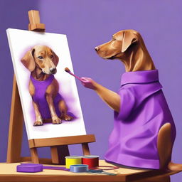 A captivating digital art image featuring an all-brown dog creating art