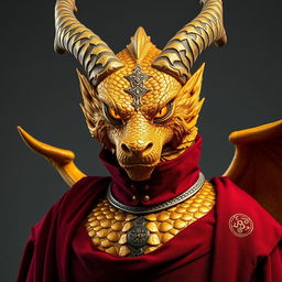 A full-body image of a Golden Dragonborn Sorcerer, showcasing shimmering gold scales that reflect light beautifully