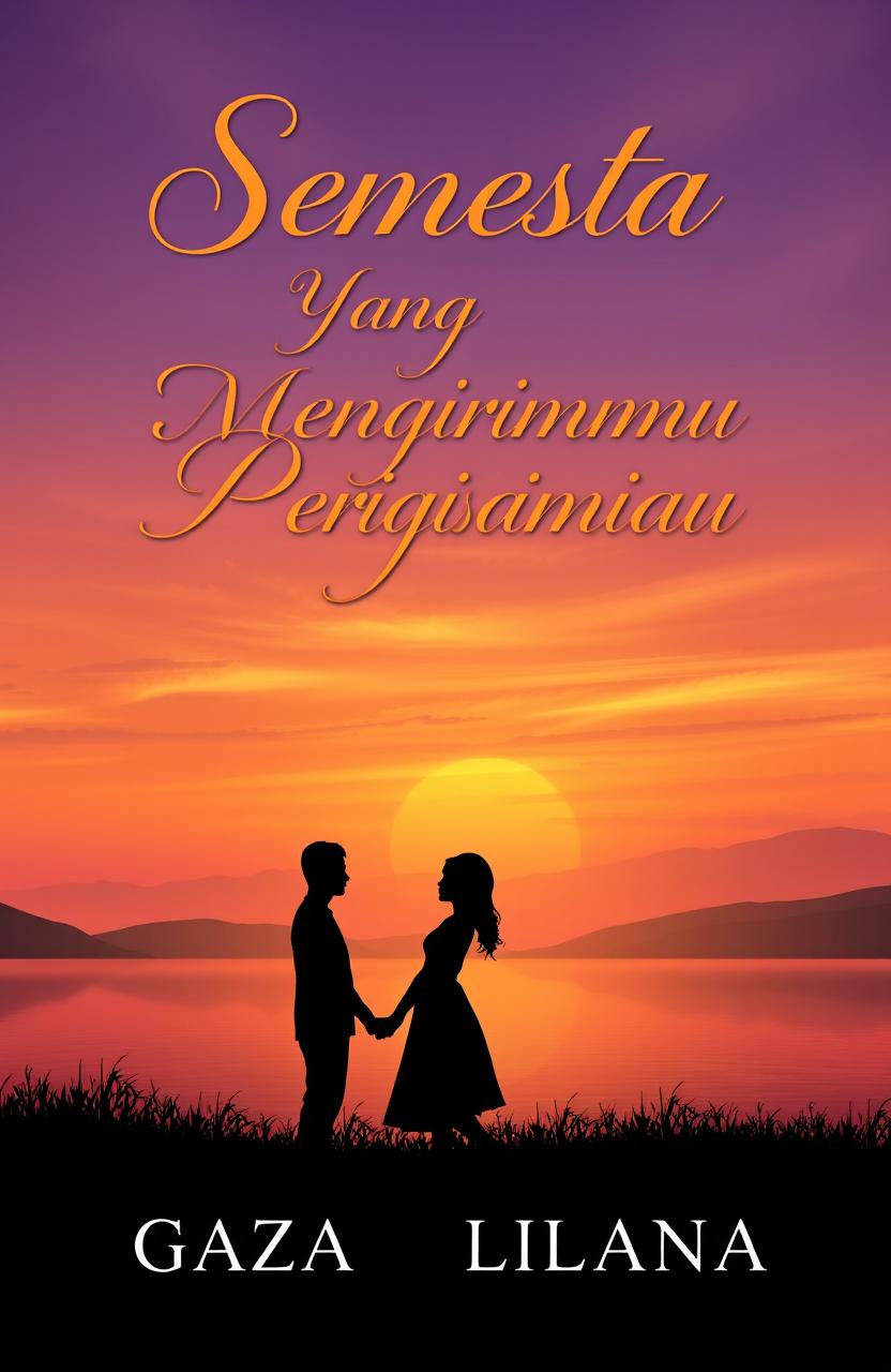 A romantic novel cover design for the title "Semesta Yang Mengirimmu Padaku" featuring an enchanting landscape that symbolizes love and connection
