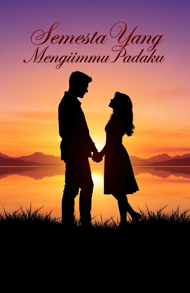 A romantic novel cover design for the title "Semesta Yang Mengirimmu Padaku" featuring an enchanting landscape that symbolizes love and connection