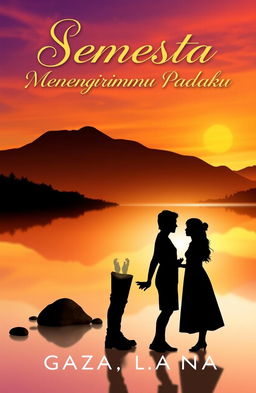 A romantic novel cover design for the title "Semesta Yang Mengirimmu Padaku" featuring an enchanting landscape that symbolizes love and connection